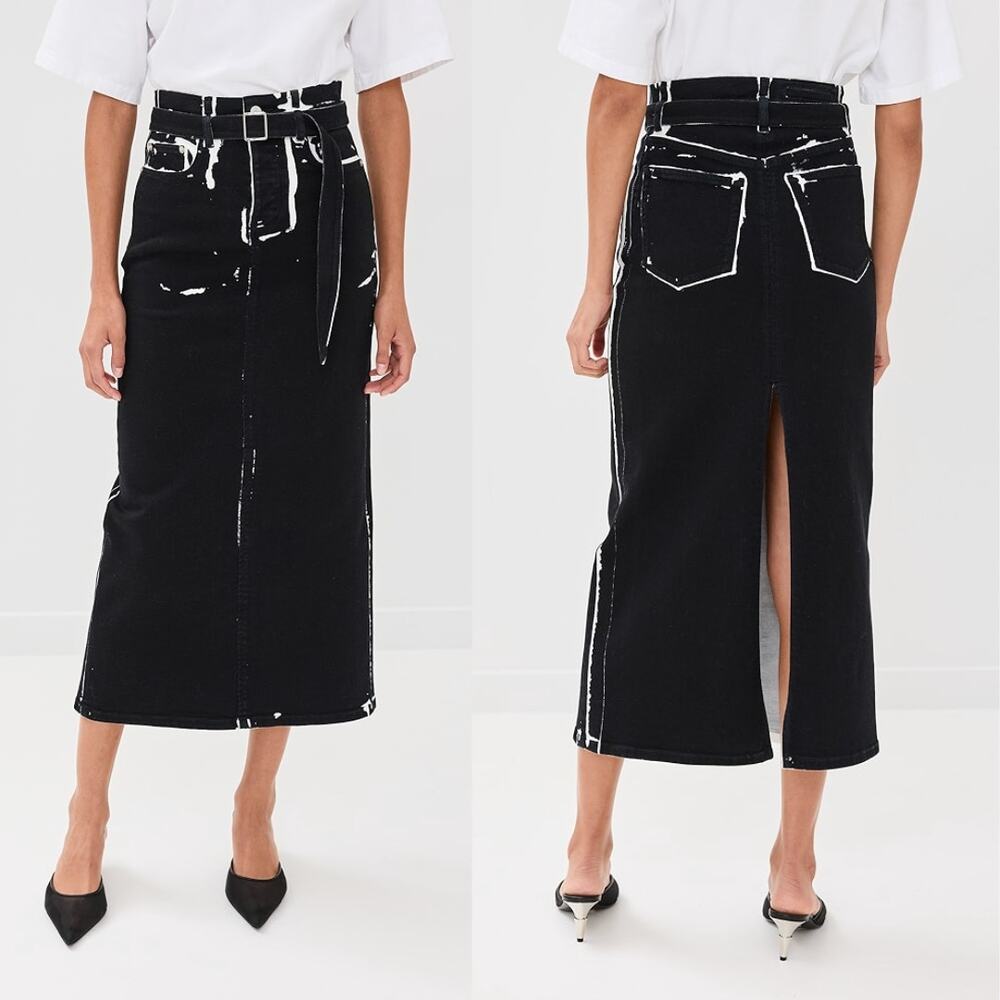 Proenza Schouler | Calder Skirt in Black Multi Contrast Printed Denim Pencil 25 - Picture 2 of 14